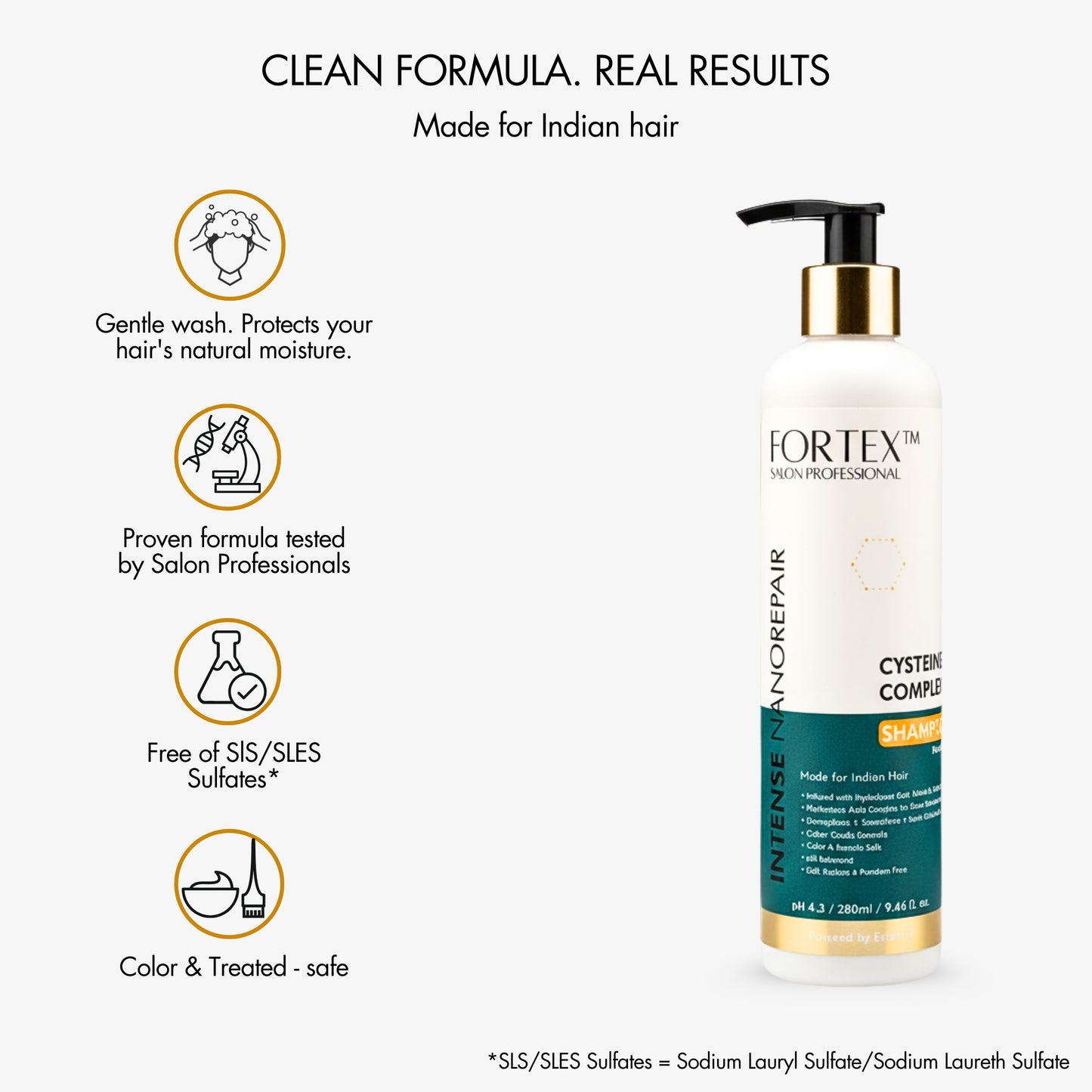 FORTEX Intense Nano-Repair Cysteine Complex Shampoo for Indian Hair, Sulfate-Free, Colour-Safe 280ml