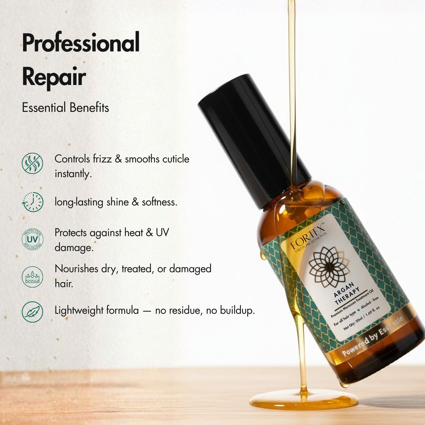 Fortex Argan Therapy Premium Hair Treatment Oil, Professional Repair, UV Protection, Lightweight Formula, 50ml