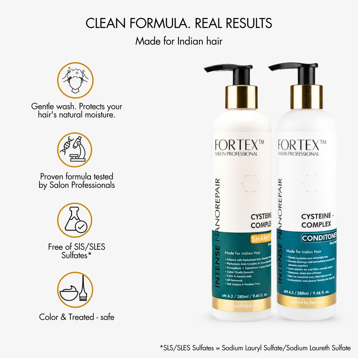 FORTEX Salon Professional Cysteine Complex Shampoo and Conditioner Set for Indian Hair, SLS/SLES Free, Color Safe, with Hydrolyzed Wheat, Silk and Oat Protein, 280ml Each
