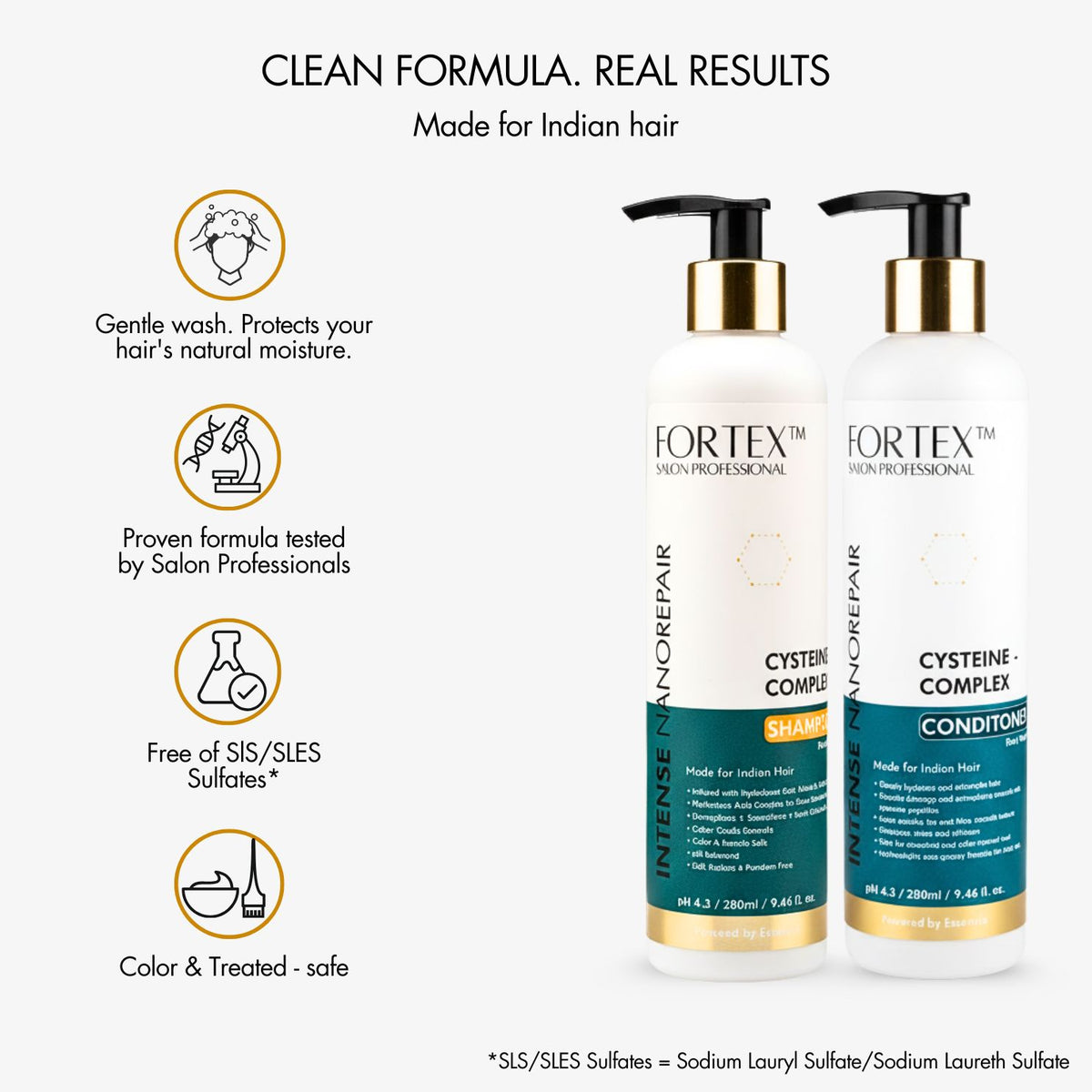 FORTEX Salon Professional Cysteine Complex Shampoo and Conditioner Set for Indian Hair, SLS/SLES Free, Color Safe, with Hydrolyzed Wheat, Silk and Oat Protein, 280ml Each